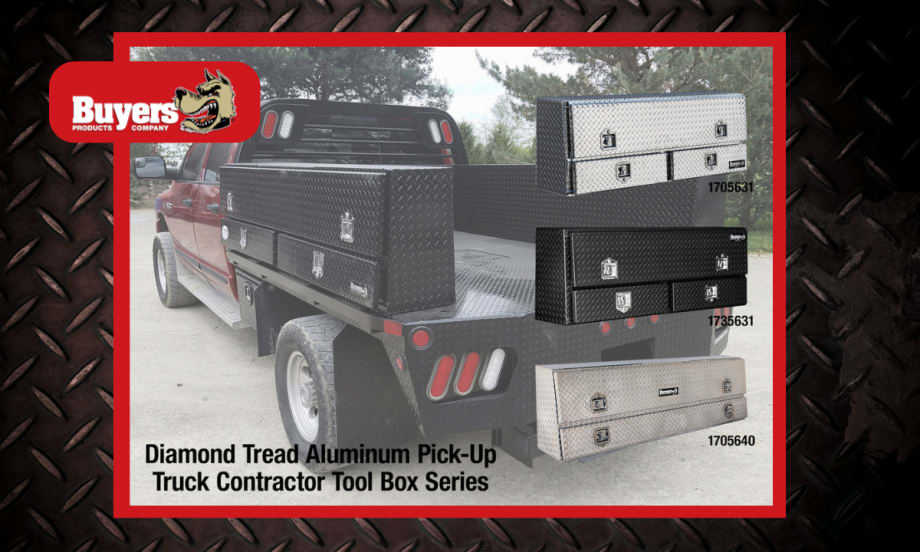Image of work truck equipped with tool boxes and additional inset images of truck tool boxes.