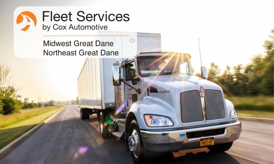 Image of tractor trailer driving down road with inset logos for Fleet Services by Cox Automotive and Midwest Great Dane.