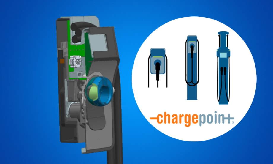 Blue background with drawing of an EV charger, inset logo for ChargePoint inside a white circle to the right.