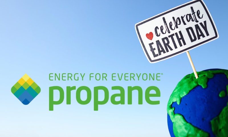 Graphic image of earth on right side with a sign that says Celebrate Earth Day. At left, logo for Energy For Everyone, Propane.