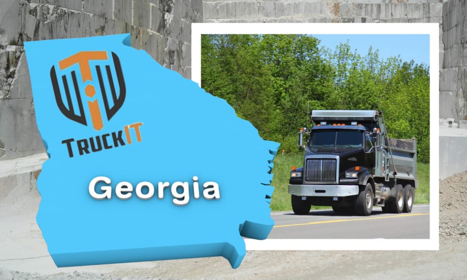 Image of dump truck driving on road at right, and image of State of Georgia outline to the left with inset logo for TruckIT.