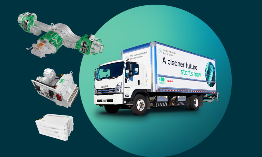 Photo of a battery electric cargo truck and inset photos of the powertrain components.