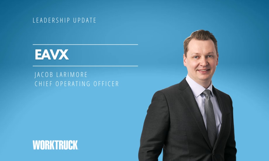 Man in business attire against a white background with company name, EAVX, in white headline and man's name and title also in white.