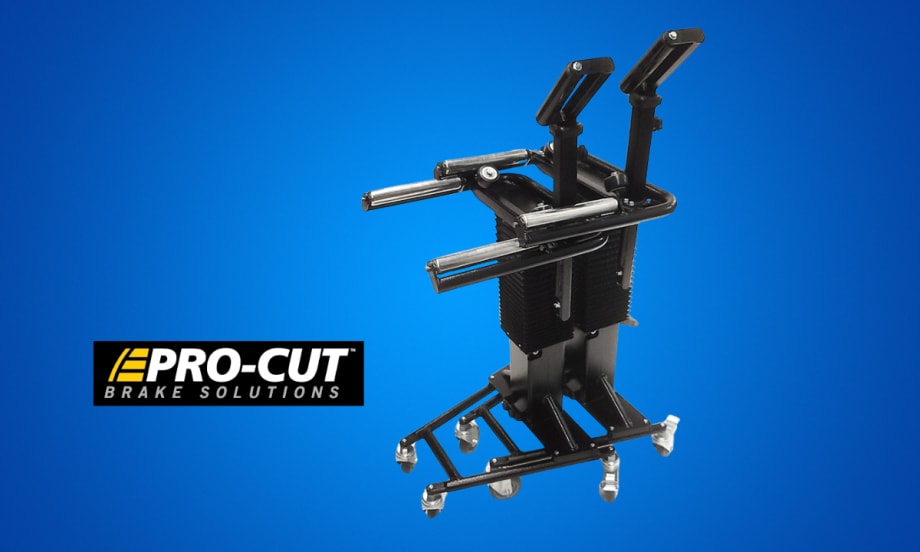 Tire trolly against a blue background with logo for Pro-Cut.
