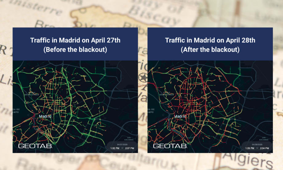 Inset traffic flow maps against a background map of Spain.