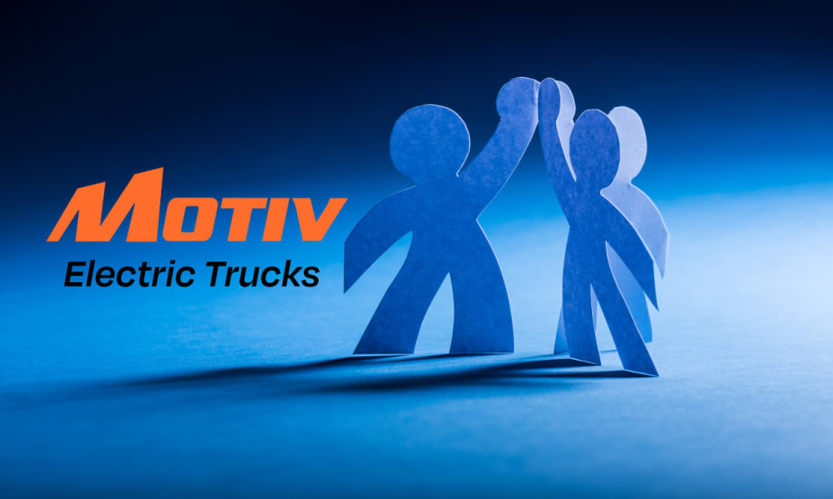 Blue background with cutout paper figures in a group high-five pose, inset logo for Motiv Electric Trucks.