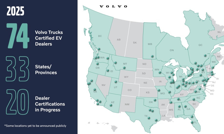 Map of North America showing Volvo Trucks dealers that are EV certified.