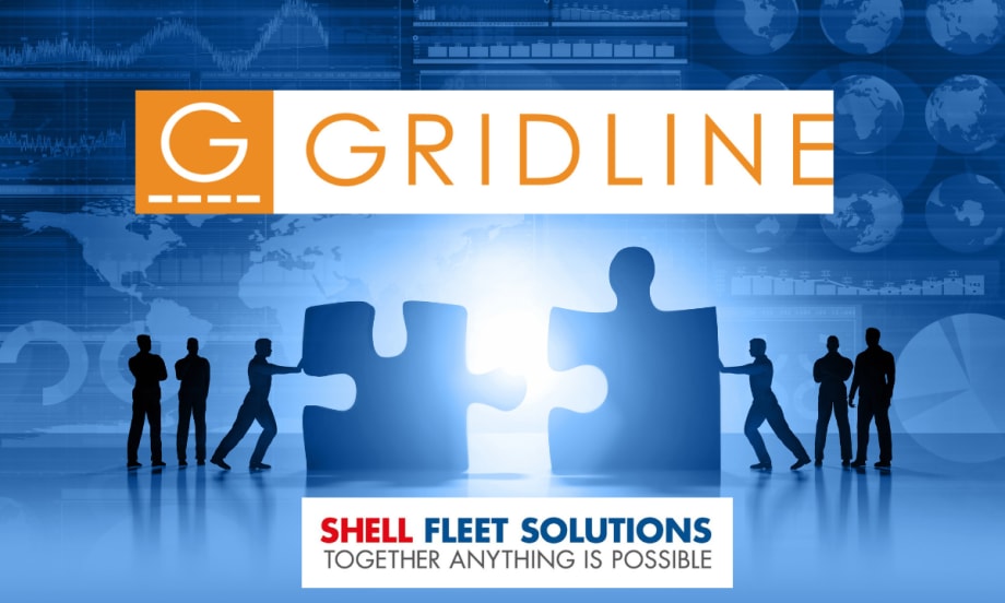 Blue tinted image of figures pushing pieces of a puzzle together and logos for Gridline and Shell Fleet Solutions.