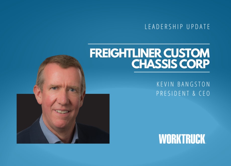 Photo of Kevin Bangston on blue background with Freightliner Custom Chassis Corp and new title.