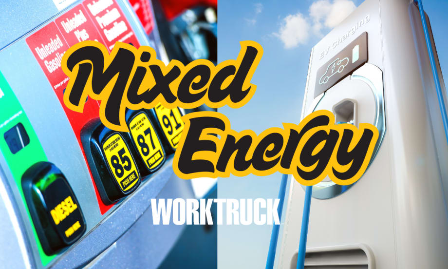 Mixed Energy with image of gas pump and charging station in background