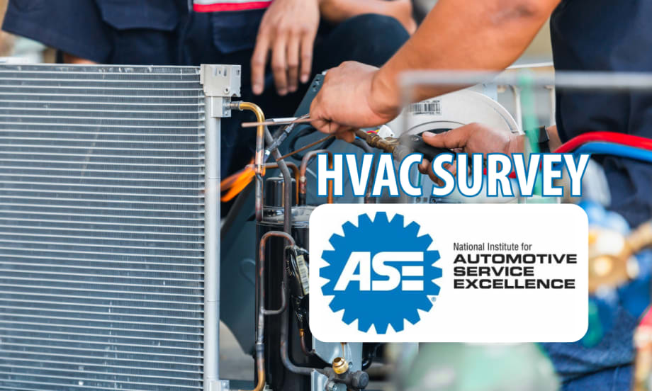 Closeup image of technician working on air conditioning with inset logo for ASE and headline text that says HVAC Survey.