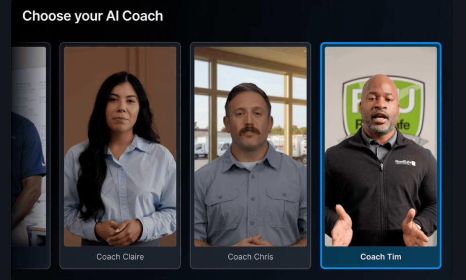 Images of three AI-generated people inset against a black background and text at the top that says Choose Your AI Coach.