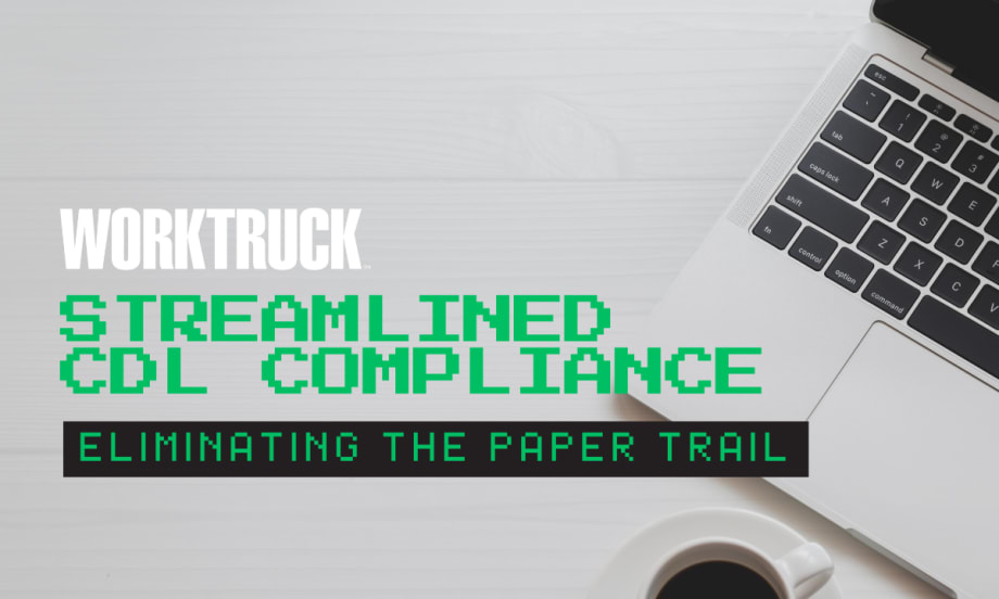 A laptop on a table in the background with old computer font saying Streamlined CDL Compliance eliminating the paper trail
