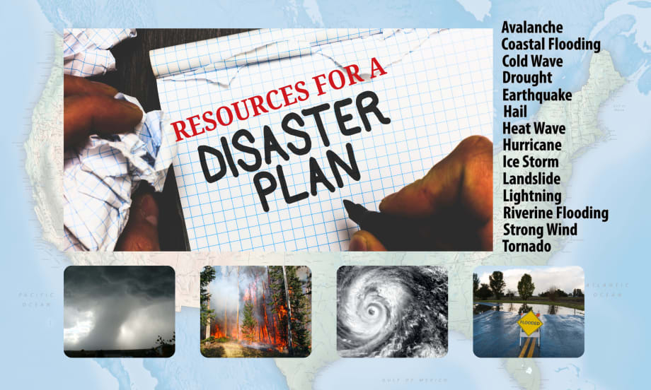 Background map of US with inset photos depicting natural disaster threats, bullet points for each of the hazard threats, and writing that says Resources For A Disaster Plan.