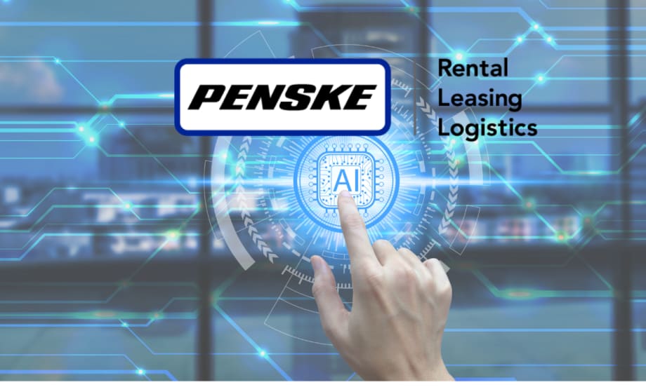 AI illustration of a finger pushing an AI button, with inset logo for Penske.