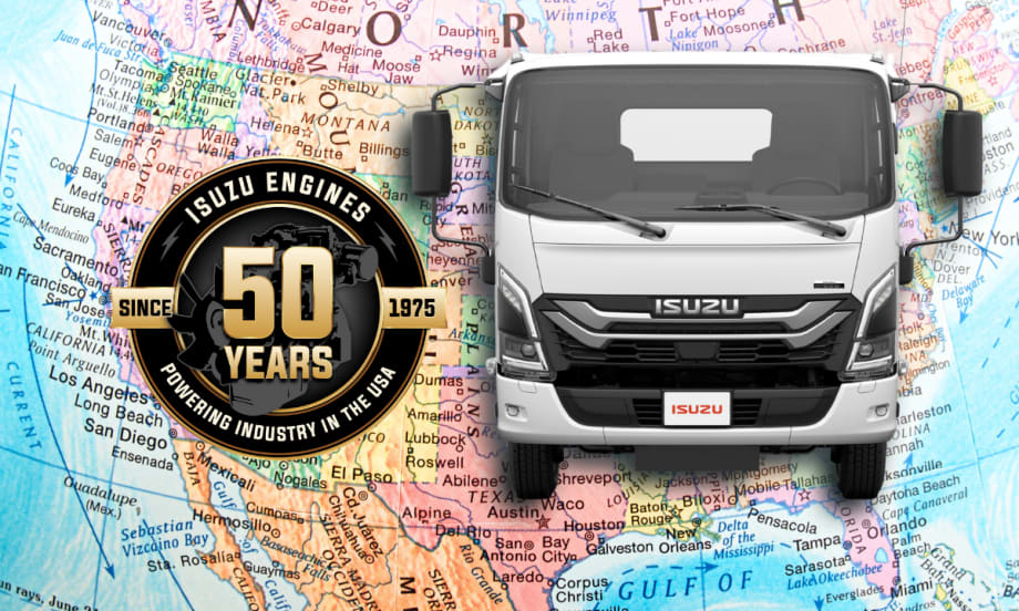 Isuzu truck against a background map of North America and a logo for 5oth anniversary.