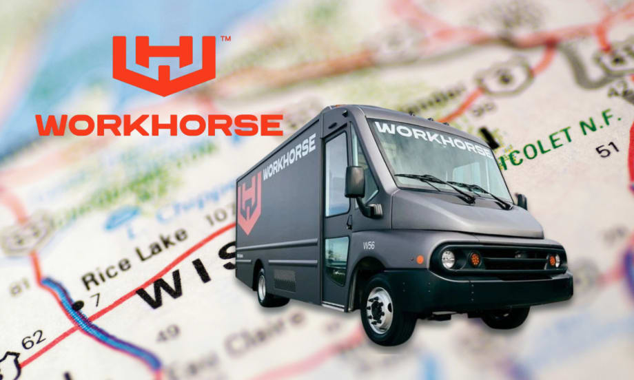 Dark colored step van against background of a Wisconsin map and inset logo for Workhorse.