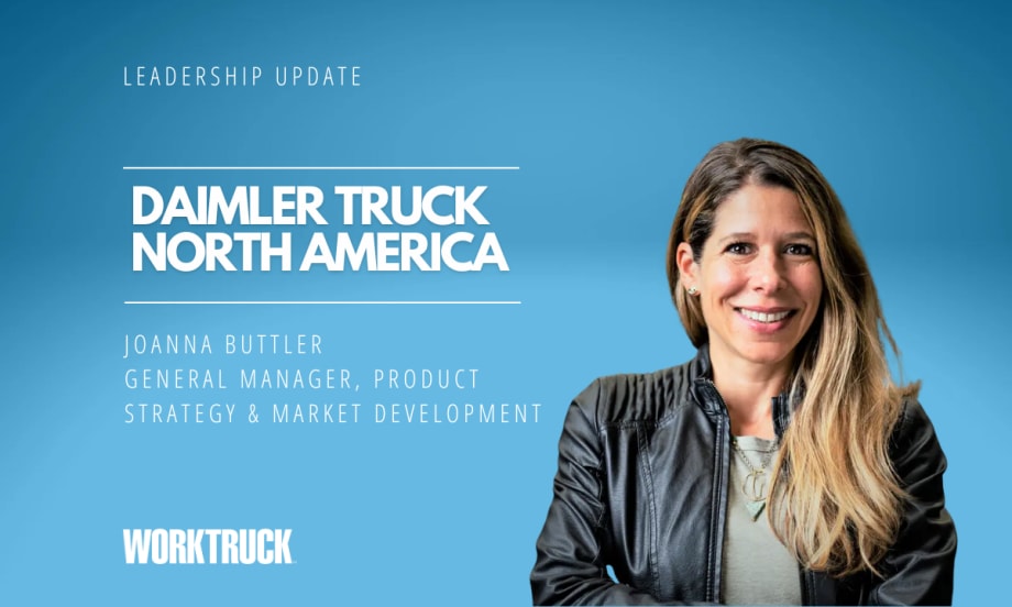 Woman in business attire against a blue background, inset white letters for Daimler Truck North America, her name, and title.