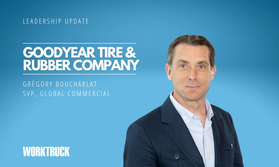 Man in business attire against a blue background, white text says 
Goodyear Tire & Rubber Company and the man's name.