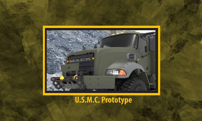 Camo background with inset image of a military truck and yellow headline that reads USMC Prototype.