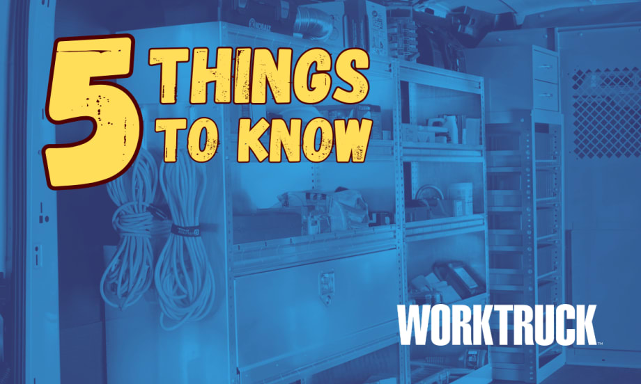 Blue duotone background image of van storage shelving with yellow 5 Things to Know headline and a logo for Work Truck.