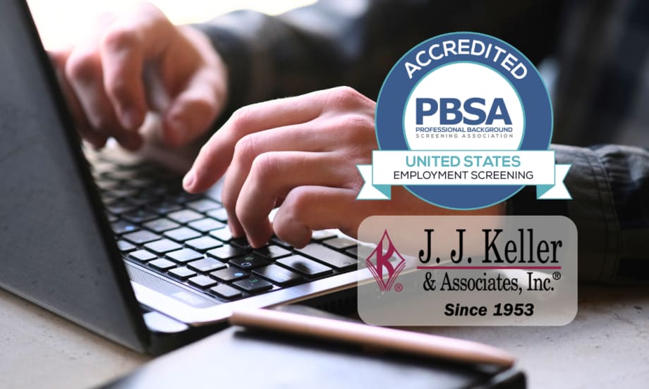 Closeup of man's hands on laptop keyboard with inset logos for J.J. Keller and PBSA.