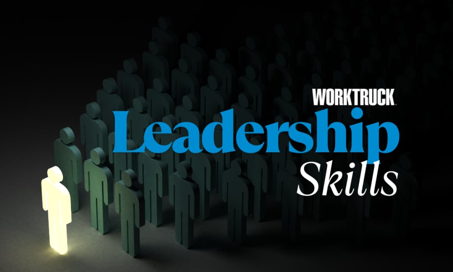 Illustration of a glowing figure standing out in a crowd of dark figures, symbolizing standout leadership, with the text 'Work Truck Leadership Skills' overlaid.