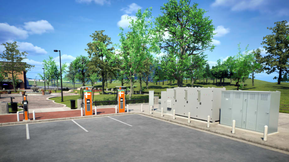 EV charging station with ChargePoint chargers and Eaton power infrastructure set in a landscaped park environment with trees, walkways, and open parking spaces.