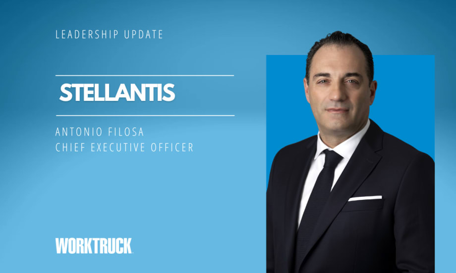 Man in business attire against a blue background with white headline text that says Stellantis and his name.