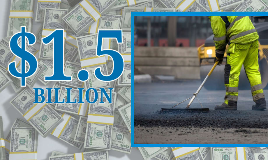 Background image of money, inset photo of road repair work and headline text stating $1.5 Billion.