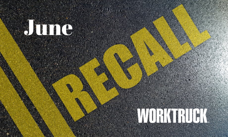 Pavement background with double yellow lines and large text that says Recall, June, and Work Truck logo.