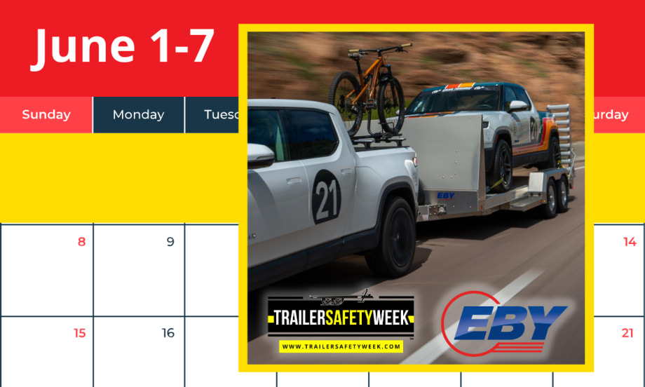 truck towing a trailer with a race car set against background of a calendar and June 1-7 in large print.