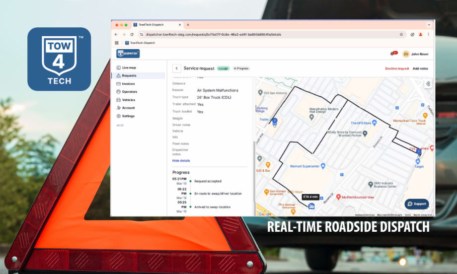 Tow4Tech real-time dispatch platform displayed on a laptop screen with roadside assistance tracking map, set against a background of a vehicle warning triangle.