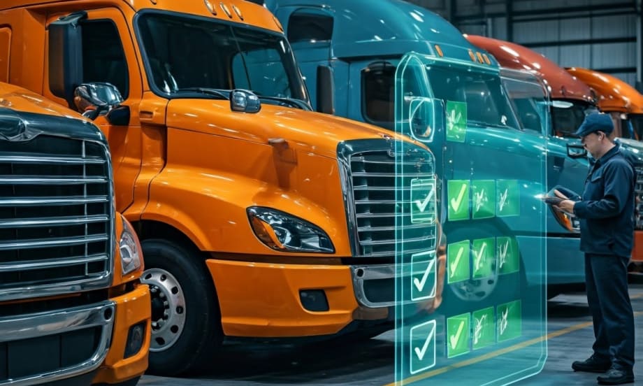 Technician standing in front of large trucks, overlay graphic depicting analytics technology.