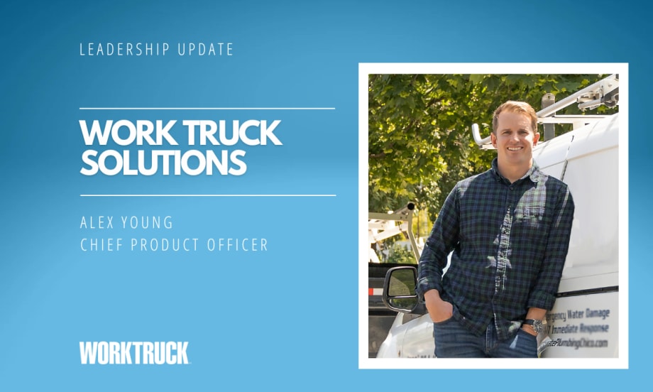 Inset photo of man casually leaning against a van, blue background image, with white test for Work Truck Solutions and the man's name.
