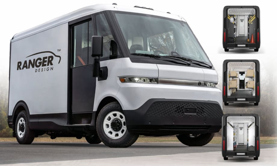 Curated Ranger Design upfit package for Chevrolet BrightDrop electric vans with shelving and storage systems installed in a commercial EV workspace.
