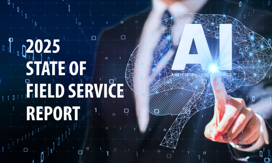 Person in business suit touches digital AI interface with text reading "2025 State of Field Service Report" over a tech-themed background.