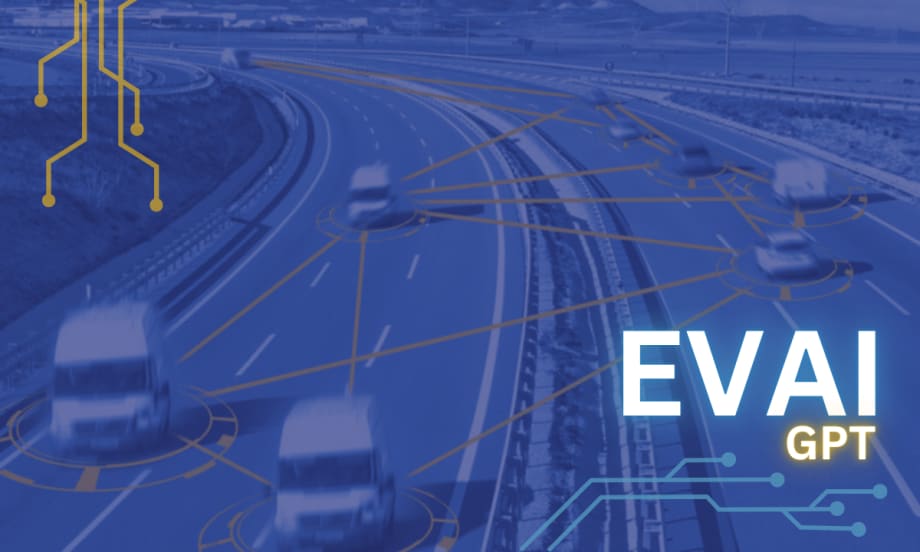 Highway with multiple connected commercial vehicles, overlaid with digital network lines and target indicators, representing EVAI GPT fleet AI integration.