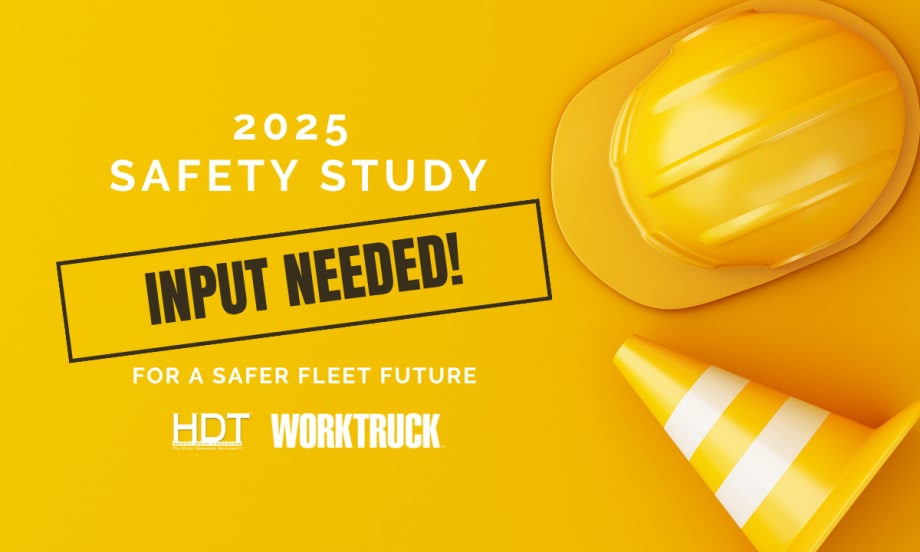 Bright yellow graphic featuring a hard hat and traffic cone with bold text reading “2025 Safety Study – Input Needed! For a Safer Fleet Future” alongside HDT and Work Truck logos.