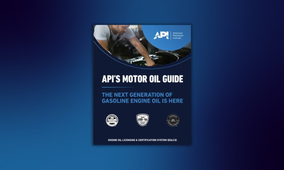 Cover of API's Motor Oil Guide featuring a mechanic working under the hood of a car, with text stating "The Next Generation of Gasoline Engine Oil Is Here" and API certification symbols for gasoline.