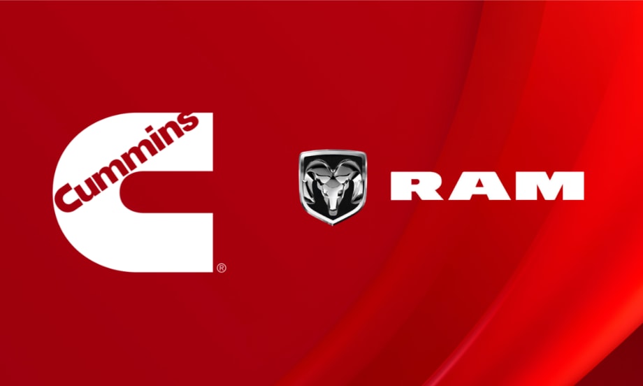 Cummins and RAM logos on a red background, featuring the white Cummins “C” with text and the chrome RAM head logo next to bold white “RAM” lettering.