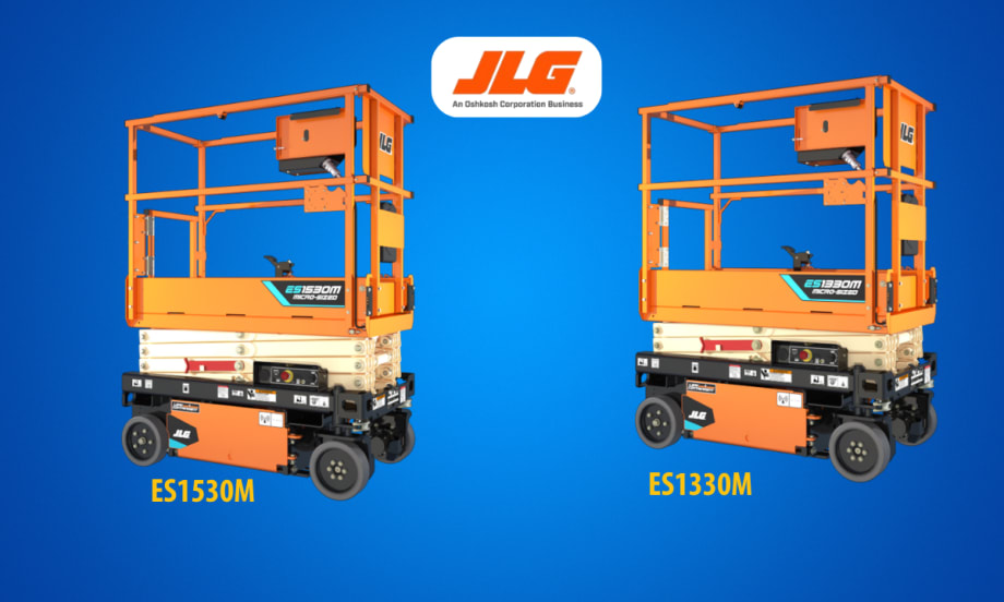 Two orange scissor lifts against a blue background and a logo for JLG Industries.