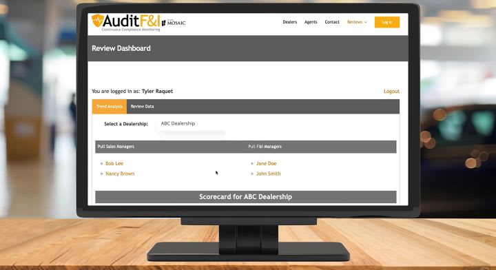 Computer screen showing the Audit F&I Review Dashboard, displaying dealership selection and manager scorecard options for ABC Dealership.