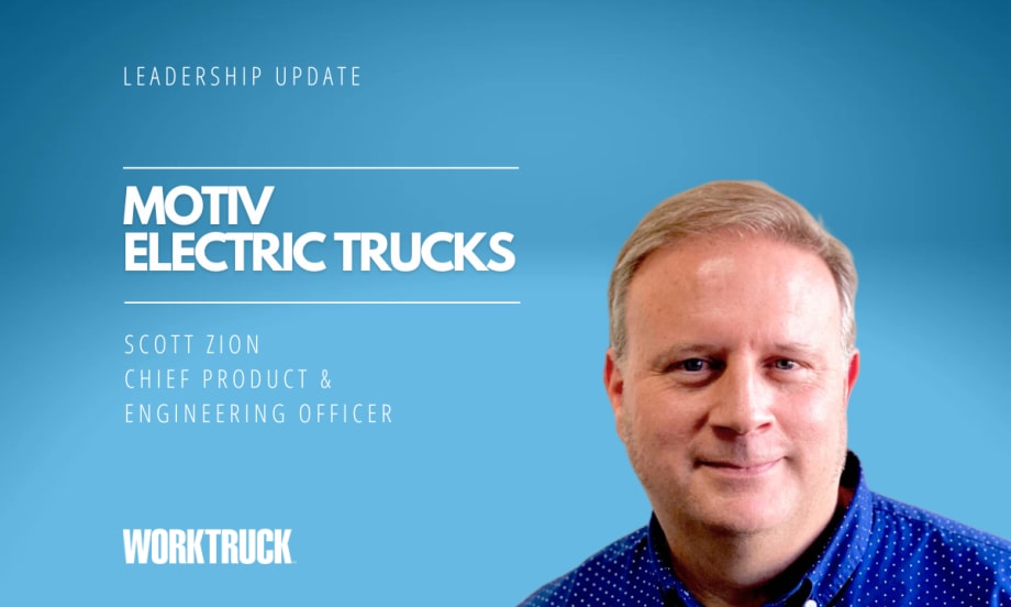 Man against blue background and white text saying Motiv Electric Trucks and the man's name and job title.