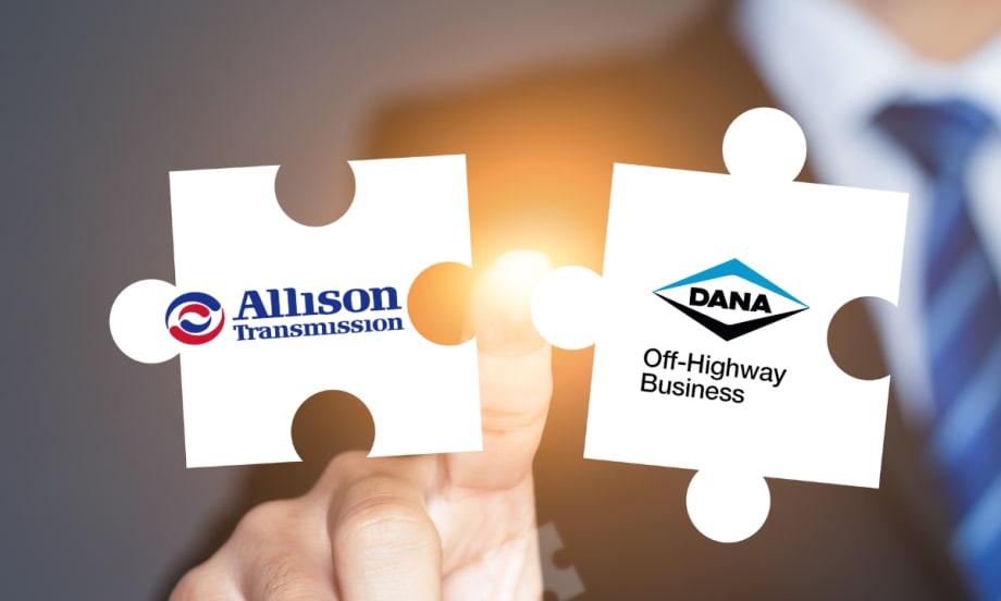 Two puzzle pieces with Allison Transmission and Dana Off-Highway Business logos symbolizing their $2.7 billion acquisition and strategic business alignment.