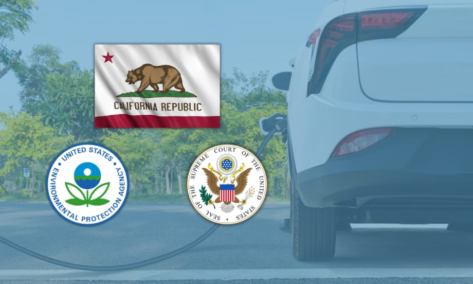 An EV charging with the California flag, EPA seal, and Supreme Court seal overlaid, representing clean vehicle policy debate.