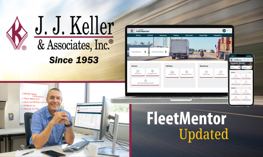 Blurred background image, with J.J. Keller logo inset top left, a man at a desk inset bottom left, a computer screen top right, and FleetMentor Updated at bottom right.