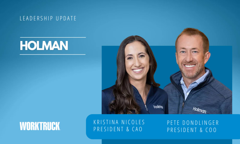 inset photos of a man and woman in business attire set against a blue background with white text for company name, Holman, and smaller white text with their names and titles.