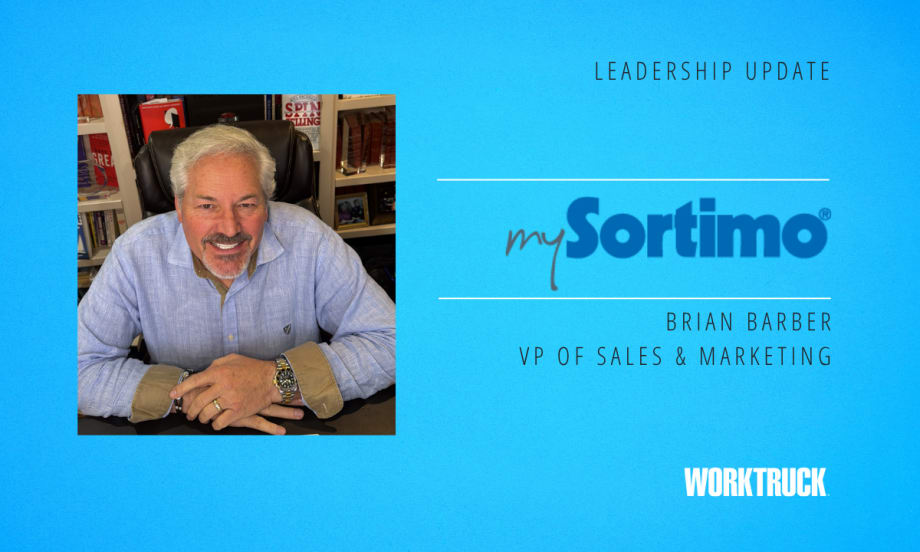 Illustration of Brian Barber in a suit and tie with short gray hair and goatee. Text reads: “Leadership Update, Sortimo, Brian Barber VP of Sales & Marketing, Work Truck logo.”