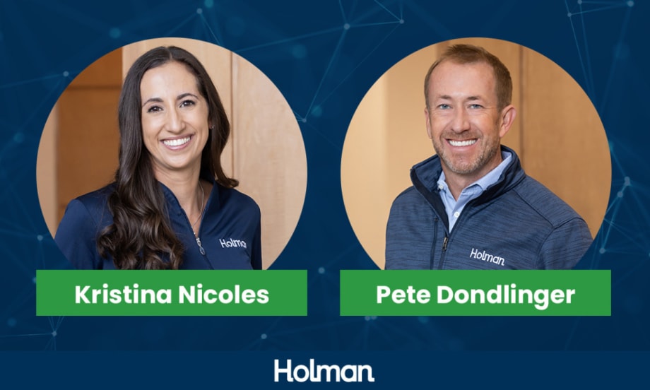 Kristina Nicoles and Pete Dondlinger, both wearing Holman-branded jackets, are pictured side by side following their executive appointments at Holman.